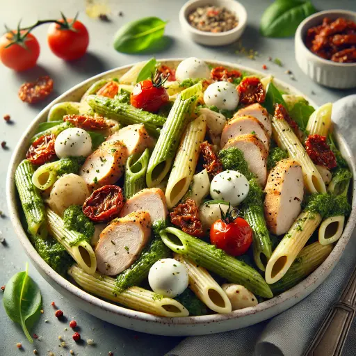 Grande salade de pennes au pesto, poulet mariné
