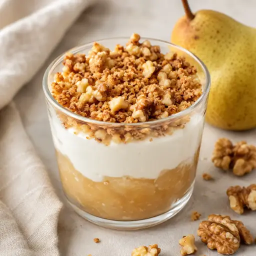 Fromage blanc, purée de poire et crumble aux noix