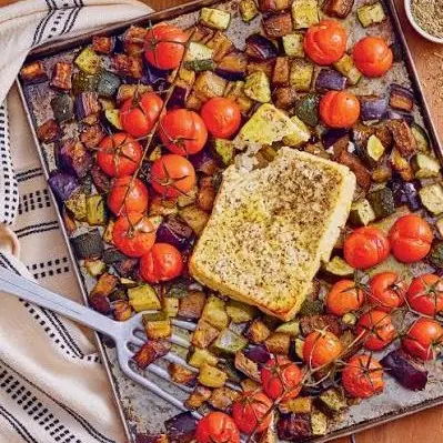 Fondue de légumes d'été, riz et colin
